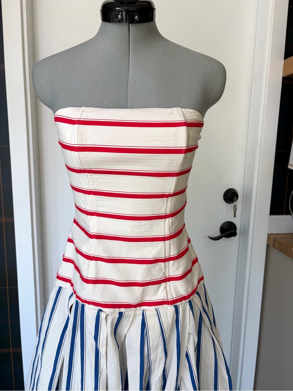 Rosie Assoulin Drop Waist Strapless Cotton Gown, red/blue stripes, slit, 0, EUC - Picture 9 of 16